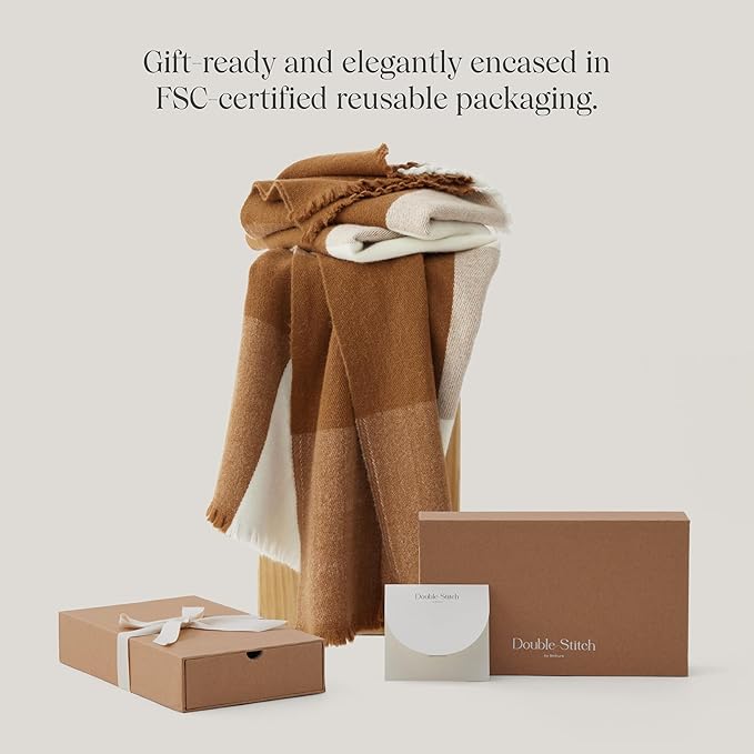 Double Stitch Alpaca Wool Throw Blanket - Warm, Soft Blanket for Couch, Luxury & Decorative Fleece Throw, Fall Plaid, Gift for Mother's Day, House Warming, 50" x 60", Harvest Brown & Cream