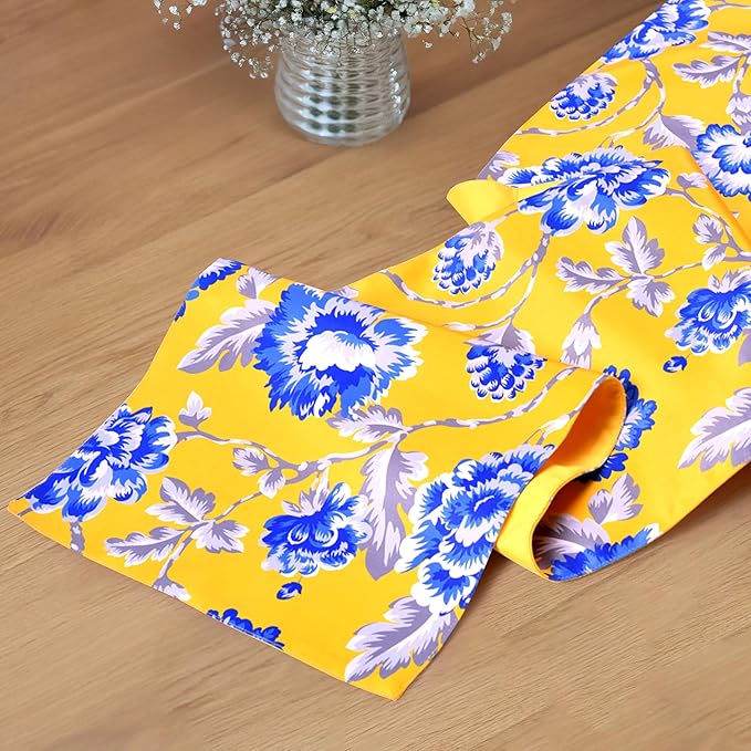 Decozen Table Runner - Japanese Print Floral Design Perfect for Kitchen Dining Room Home Decor Console Table Farmhouse - Yellow