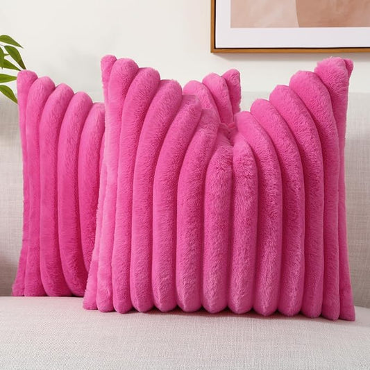decorUhome Faux Fur Throw Pillow Covers 26x26 Set of 2, Decorative Soft Plush Striped Neutral Couch Euro Pillow Covers with Velvet Back for Sofa, Bed, Living Room Home Decor, Hot Pink