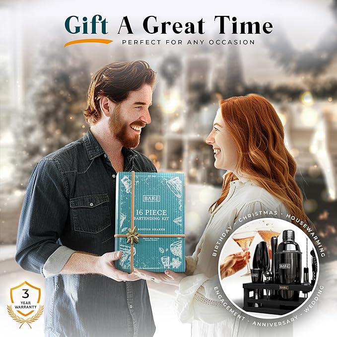 BARE BARREL® Mixology Bartender Kit Bar Set | 16-Piece Cocktail Shaker Set | Martini Barware Mixing Tools for Home Bartending | Incl. 35 Recipe Cards | Gift Set (24oz Cobbler Shaker, Jet Black/Black)