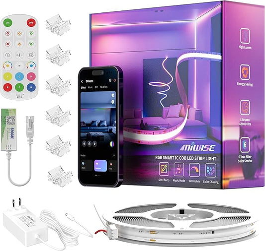 MIWISE COB LED Strip Light,RGB Smart IC COB LED Strip Lights Music Sync Bluetooth with APP Control,Addressable Color Chasing DIY 16M Colors,LED Tape Lighting for Bedroom Home Party Decor,9.84ft