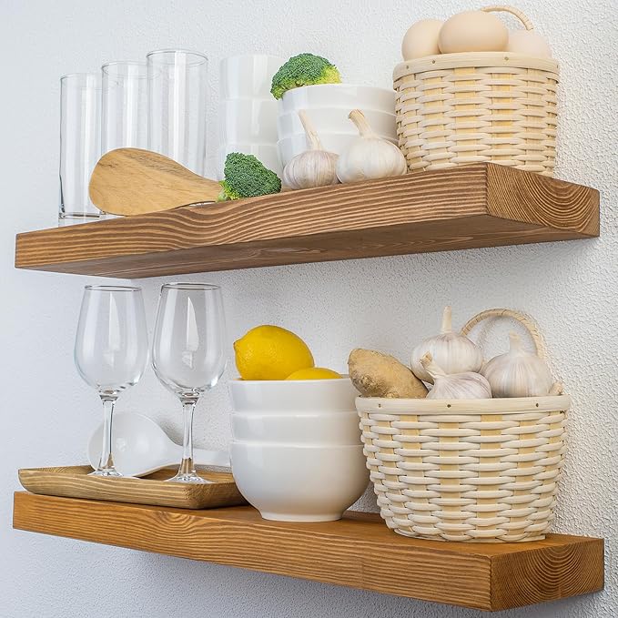 Wood Floating Shelves,Rustic Wood Wall Shelves for Bathroom Living Room Bedroom Kitchen Farmhouse Laundry Room Set of 2,Handmade-Thickened Wall Shelf (Golden Oak, 24''x8''x1.5'')