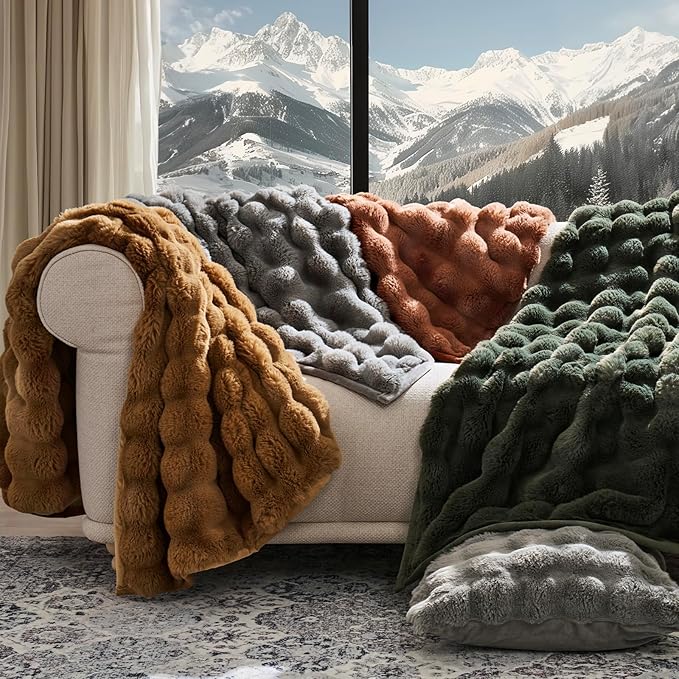 EverGrace Ultra Soft Luxury Fluffy Faux Rabbit Fur Throw Blanket, Thick Warm Bubble Throw for Bed, Cozy Plush Reversible Blankets for Couch, Chair, Sofa, Grey, 50x60 Inches