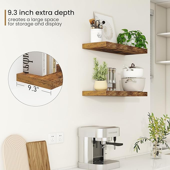 Fun Memories Floating Shelves - 2 Pack 9.3 Inch Deep Rustic Wooden Wall Shelves - Wall Mounted Storage Shelf with Invisible Brackets, 24" W x 9.3" D x 1.6" H - Rustic Brown