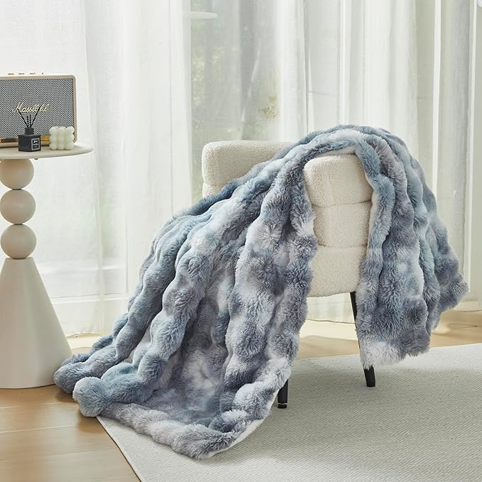 Faux Fur Throw Blanket for Couch Cozy Fuzzy Soft Plush Thick Fluffy Fleece Bubble Blanket for Sofa Bedroom Living Room, 63x79 Inches Tie-Dye Silver Gray