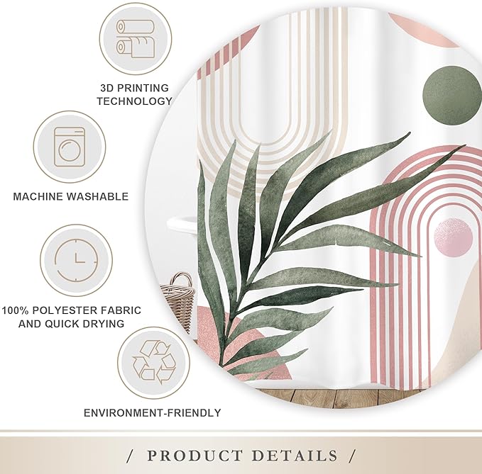 Glawry Pink Green Boho Shower Curtain Abstract Mid Century Tropical Leaves Modern Geometric Minimalist Arch Sun Bathroom Aesthetic 60Wx72L Inches Bath Accessories Art Home Decor Fabric 12 Pack Hooks