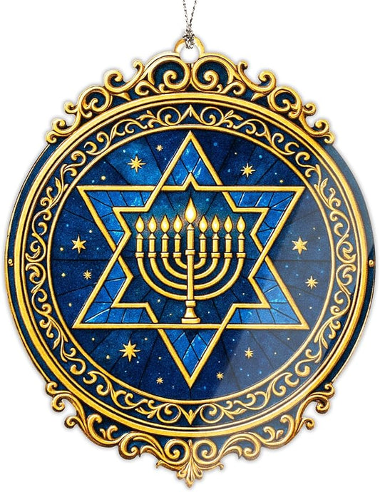 Hanukkah Ornament – Jewish Star Menorah Decoration | Judaica Gifts - Festival of Lights - Holiday Window Decor - Jewish Home Decor – Suncatcher Stained Glass Effect - Car Hanging Mirror