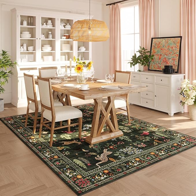 Rugcomf Area Rugs 8x10 Rug for Living Room Clearance Washable Boho Area Rug Non Slip Floral Animal Vintage Low Pile Large Rug for Living Room, Bedroom, Farmhouse, Dining Room, Kids Playroom (Green)