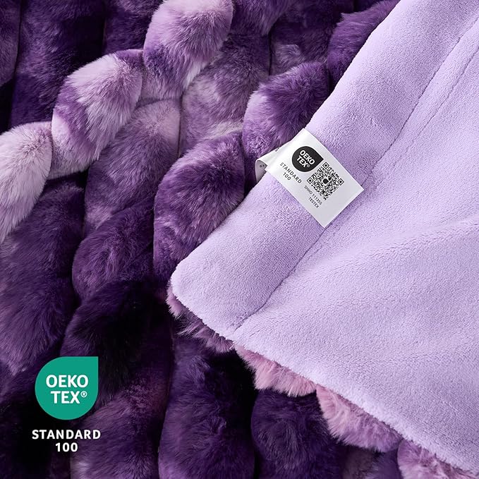 Cozy Bliss Faux Fur Throw Blanket for Couch, Cozy Warm Plush Striped Blanket for Sofa Bedroom Living Room, 90 * 90 Inches Tie-dye Purple