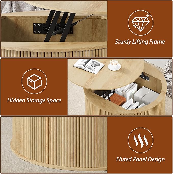 Lift Top Coffee Table, Fluted Round Coffee Table with Storage, Farmhouse Center Dining Table Circle Table for Living Room, Apartment, Home Office (Natural)