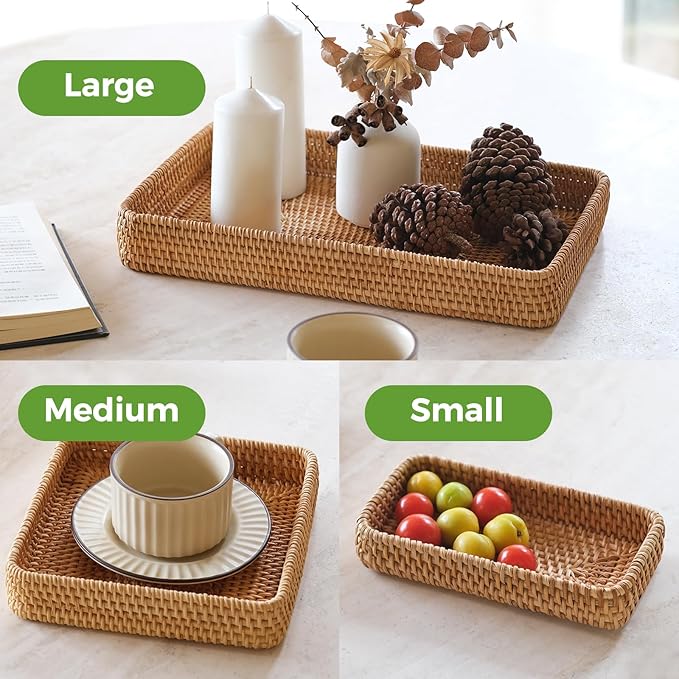 Rattan Serving Tray, Rectangle Basket Set of 3, Wicker Storage and Organizing Baskets, Natural Decorative Woven Tray for Home Decor, Bathroom, Kitchen Counter
