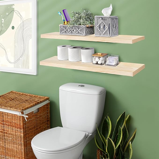 Sorbus Wood Floating Shelves for Wall - 35” Solid Wood Shelves for Bathroom Decor, Books, Bedroom & Living Room - Set of 2 Natural Wall Mounted Kitchen Shelves - Durable Solid Pine