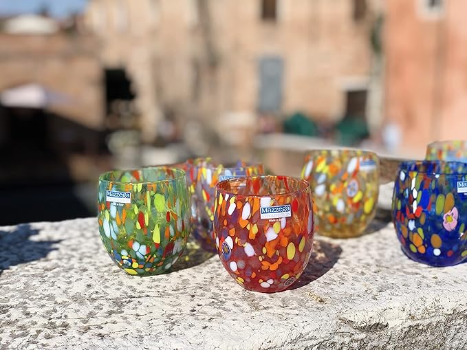 MAZZEGA ART & DESIGN - Set of 6 Handcrafted Blown Glass Water Glasses with Refined and Original Murano Murrine - The Colors of Murano - 'Classic 9,8 oz' Model. Made in Italy (6, Yellow)