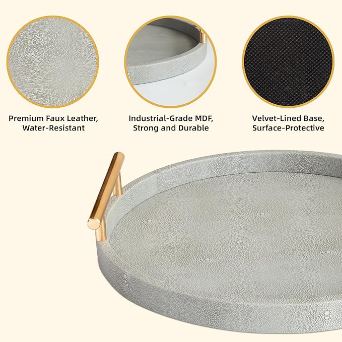 Leather Serving Tray, Set of 2 Round Shagreen Tray with Gold Polished Metal Handles, Decorative Trays Coffee Table Ottoman Trays for Living Room Bathroom Vanity Home Decor (Gray)