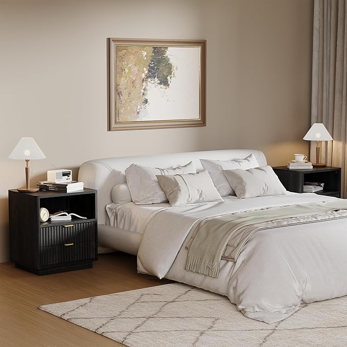 Fluted Nightstands Set of 2 - Black Nightstand with 2 Drawers & Open Shelves, 22" Wide Large Bedside Stand Modern Storage Wooden Side Tables for Bedroom (Elegant Black)