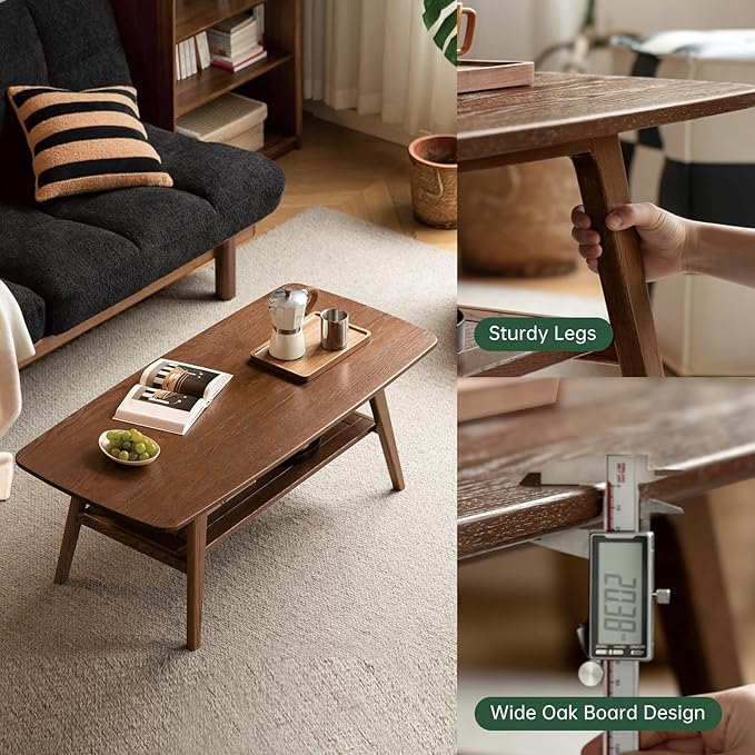 100% Solid Oak Wood Coffee Table for Living Room, 2-Tier Living Room Table with Storage Shelf, Mid Century Modern Coffee Tables (Walnut Colour, 39.37" W x22.05 D x 17.32" H)