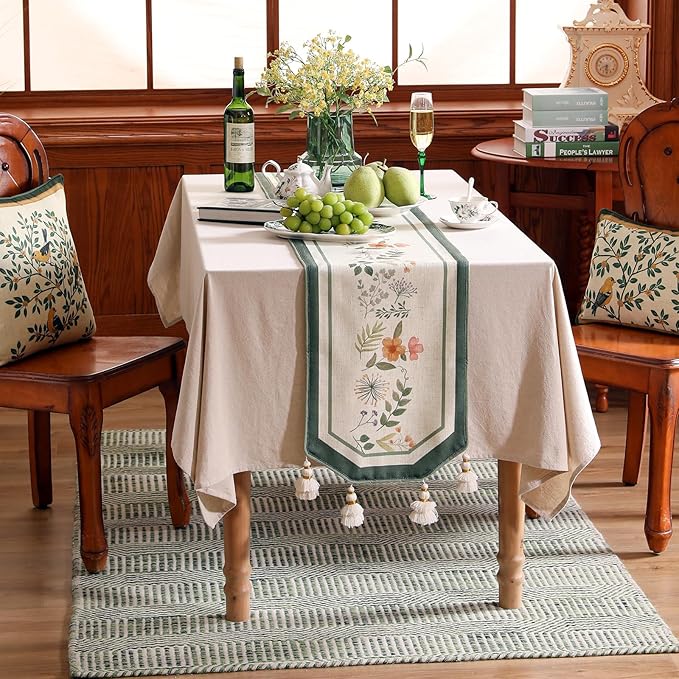 Designer Linen Table Runner,French Farmhouse Shabby Chic Floral Pattern 87 Inches Long Wrinkle Free Table Runners,Decor Tabletop for Kitchen,Dining,Party,Home,Christmas,12"*87"