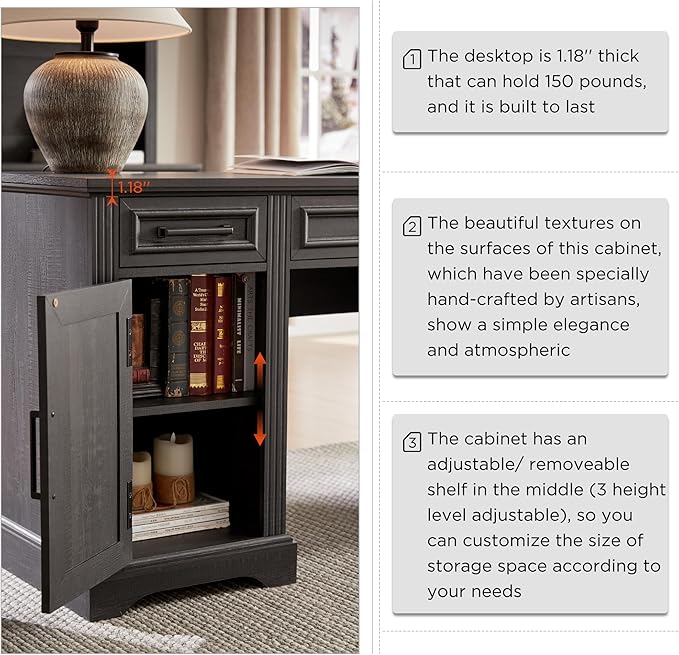 JXQTLINGMU 58 Inch Large Computer Desk with Drawers, Embossed Texture Home Office Desk, Workspace for Work Study Writing, Black