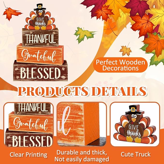 4 Pcs Thanksgiving Decor for Home Funny Turkey Wooden Signs with Hat Thanksgiving Fall Tiered Tray Decor Turkey Tabletop Centerpiece Thankful Block Signs for Office Kitchen Shelf