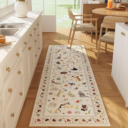 Rugcomf Runner Rug for Kitchen Non Slip 2'x6' Washable Rugs with Rubber Backing Soft Floral Animal Cat Carpet for Kitchen Laundry Bedroom Bathroom, Beige