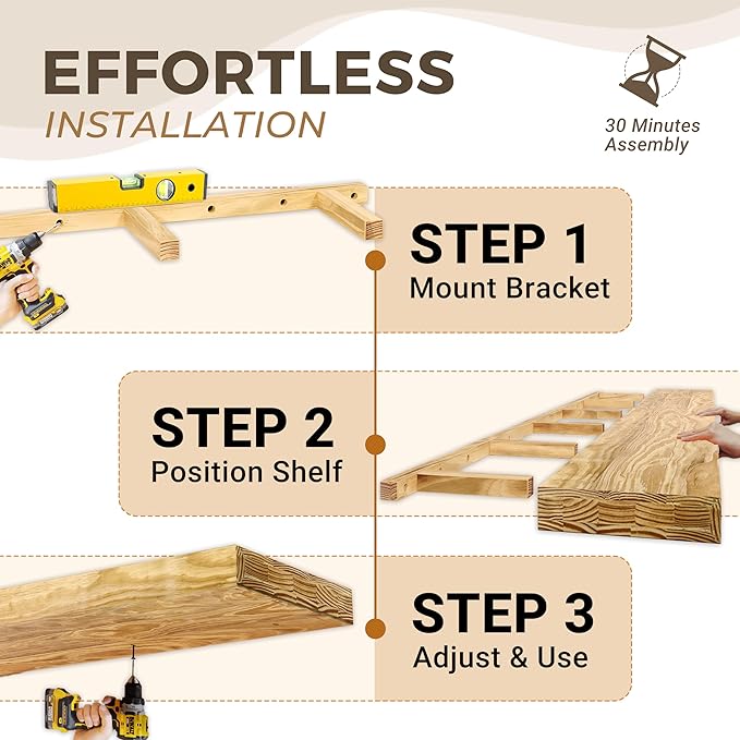 60'' Pine Wood Floating Shelf for Wall - Rustic Wall Mounted Wooden Shelf for Stylish Home Décor, Fireplace Mantel 60inch (Light Walnut, 60x8x2) - 1pcs