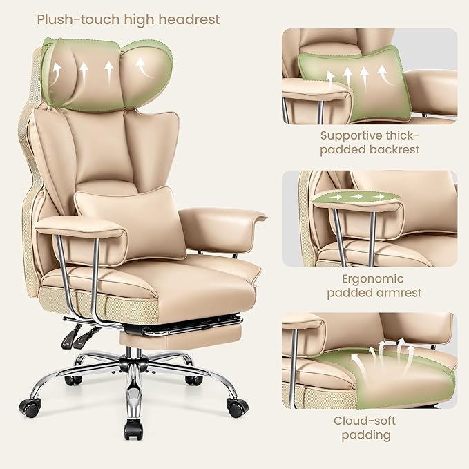 Office Desk Chair 400 LBS, Big and Tall Office Chairs with Footrest, Leather Computer Gaming Chairs with Adjustable Height, Executive Office Chairs with Lumbar Support, Beige