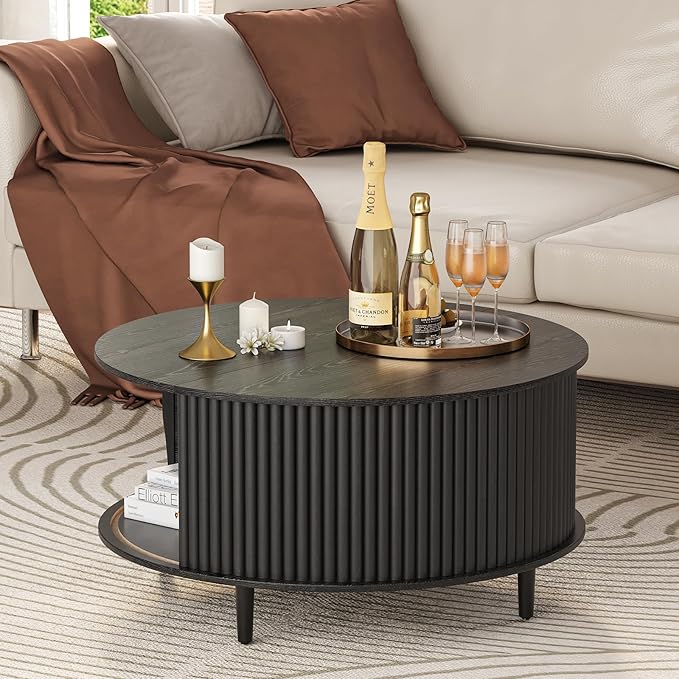 Round Coffee Table with Storage, 31.5" Center Table with Sliding Door,Fluted Small Coffee Table for Living Room,Black