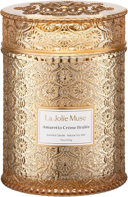 LA JOLIE MUSE Fall Candle | Amaretto Crème Brûlée – Almond Liqueur, Dry Fruit & Caramel | 19 oz Wooden Wick Candle | 90 Hours Clean Burn | Luxury Candles for Self-Care & Gifting