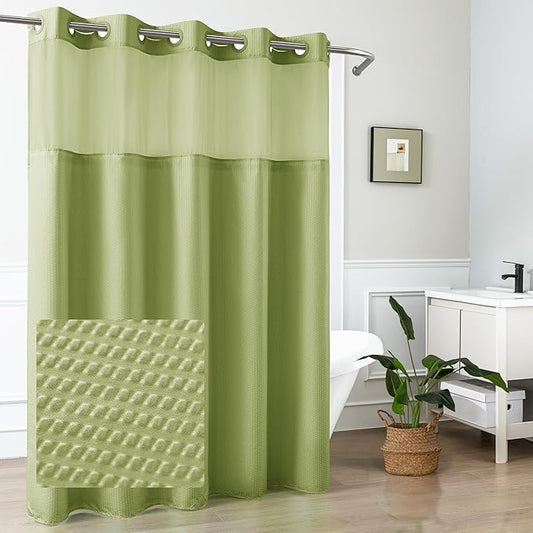 Mrs Awesome No Hook Shower Curtain with Snap-in Liner, Embossed Waffle Design Fabric Shower Curtain for Bathroom, Soft & Lightweight, 71x74, Sage Green