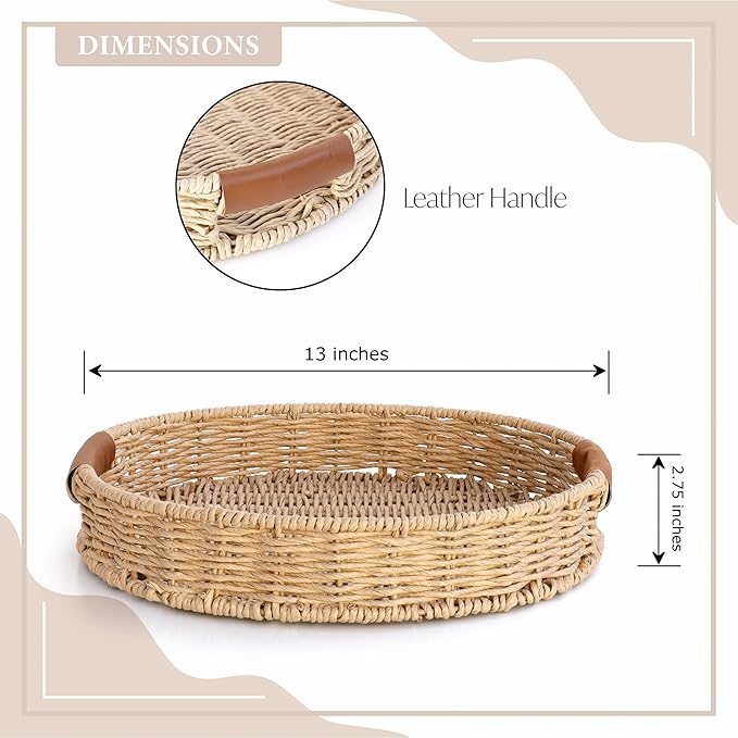 Rattan Organizer with Leather Handles – Decorative Wicker for Home Decor – Versatile Storage & Serving Solution for Kitchen and Living Room (Round-14IN)