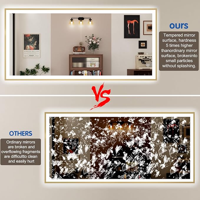 48x36 LED Mirror for Bathroom with Gold Frame, Backlit and Front Lighted Bathroom Mirrors for Wall, Stepless Dimmable Vanity Mirror with Lights, Anti-Fog, Memory,Shatterproof