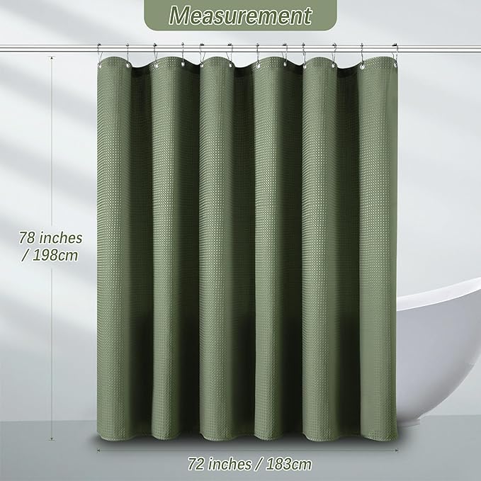 Sage Green Shower Curtain for Bathroom Waffle Textured Heavy Duty 78 Inch Shower Curtain Set for Bathroom, Water Repellent 256GSM Neutral Fabric Shower Curtains with 12 Metal Hooks, 72Wx78H