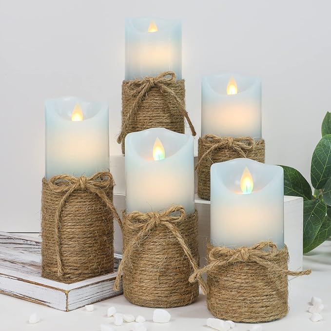 Crystal Club Blue Flameless Candles, Set of 5 Battery Operated LED Pillar Candles with Timer, Real Wax Candle Set with Remote for Home Bedroom Décor