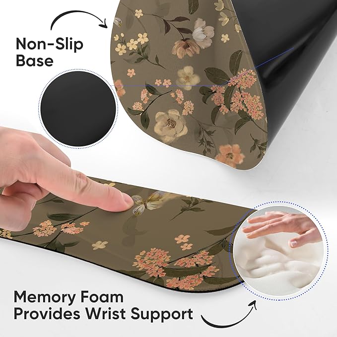 Ergonomic Keyboard Mouse Pad Wrist Rest Support Set for Laptop/Computer/Desktop,Memory Foam Hand Rest Wrist Cushion for Gaming/Office,Lightweight Comfortable & Pain Relief (Flowers)