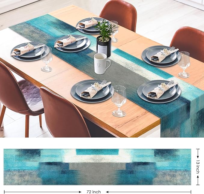 Emvency Farmhouse Table Runner, Modern Teal and Grey Abstract Art Painting for Kitchen Coffee Table Family Dinners Holiday Parties Wedding Events Decor(13x72 inch)