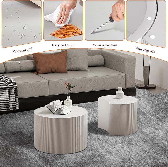 Modern Drum Coffee Table Set of 2 Stylish Minimalism Wave Stripe Fluted Nesting End Table - No Assemble, for Small Space (C-18.9IN+15IN)