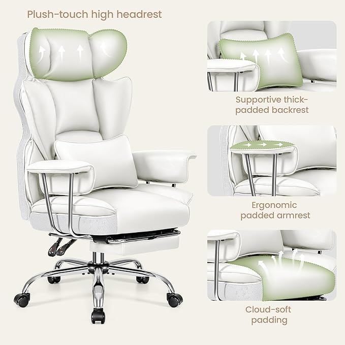Office Desk Chair 400LBS, Big and Tall Office Chairs with Footrest, Leather Computer Gaming Chairs with Adjustable Height, Executive Office Chairs with Lumbar Support, White