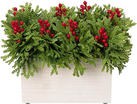 DILATATA Christmas Centerpieces 8 Inch Artificial Christmas Plant in Rectangular Wooden Pot Tabletop Pine Plants with Red Berries Cedar Leaves for Winter Holiday Party Fireplace Mantel Xmas Decor