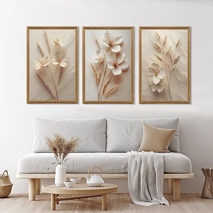 arfitest 3Pcs framed Neutral Beige Floral Canvas Wall art Modern Simple Texture Flower Plant Painting Picture Wall Decor Vintage Blossom Poster Print for Living Room Bedroom Bathroom (16x24 inches)