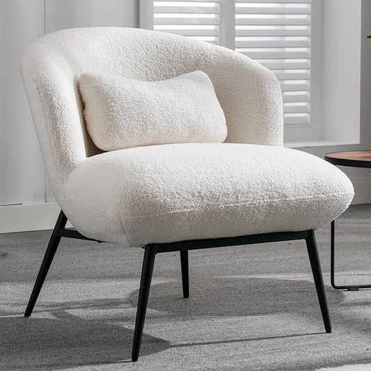DUOMAY Modern Accent Chair, Sherpa Upholstered Leisure Boucle Single Sofa Lounge Chair with Lumbar Pillow Metal Legs Slipper Chair for Living Room Bedroom Office, White