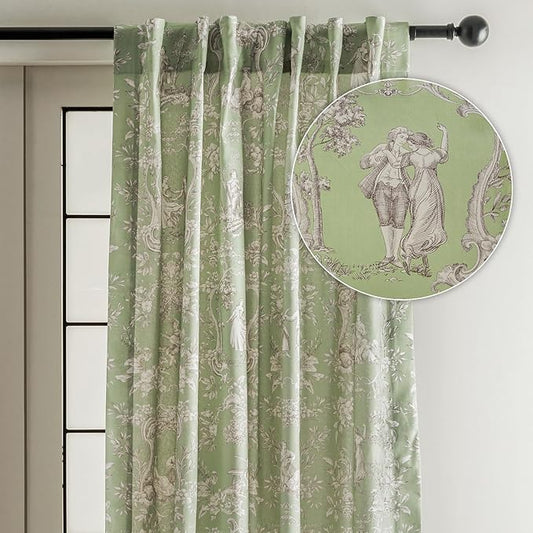 Maison d' Hermine Curtains for Living Room 100% Cotton 108 inch Length One Panel Light Filtering Toile Curtains for Bedroom Windows with Rod and Loop Pockets Drapes (Joli Jouy Green, 50" W x 108" L)