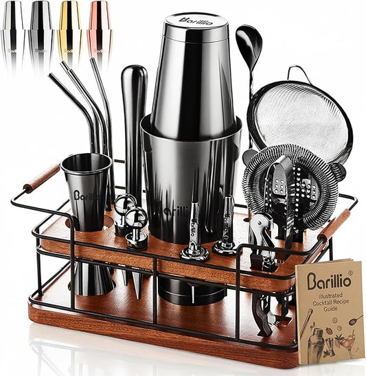 Barillio Black Bartender Kit – 23-Piece Stainless-Steel Cocktail Shaker Set with Premium African Mahogany Stand | Martini Barware Mixing Tools for Home Bartending | Gift Set