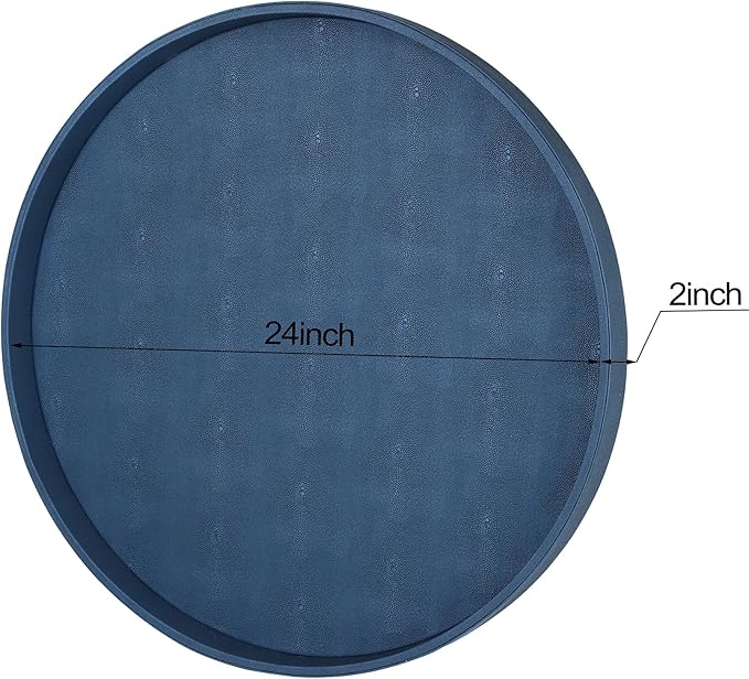 HofferRuffer Large Round Serving Tray 24'', Elegant Faux Leather Circle Ottoman Table Tray, Serve Tea Coffee Breakfast in Bedroom Living Room Kitchen (Blue)