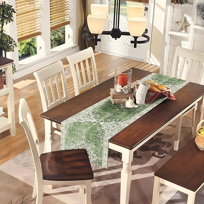 Snycler Table Runner Boho Table Runners Vintage Elegant Farmhouse Table Center Linen Decor for Home Dining Party Entrance (13x72 Inch) Light Green