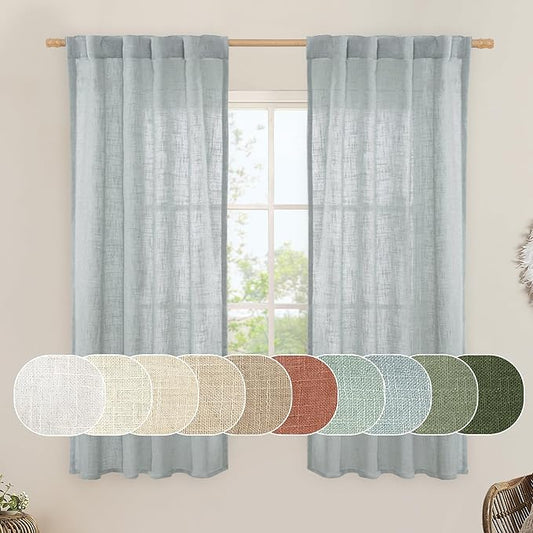 LAMIT Linen Curtains 60 Inch Length 2 Panels, Light Filtering Panels Back Tab and Rod Pocket Neutral Drapes for Bedroom/Window/Living Room, Greyish Blue, 34 x 60 Inch