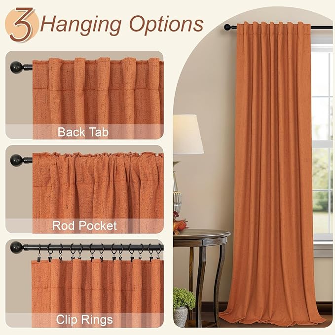 Burnt Orange Blackout Curtains for Living Room 108 Inches Long 2 Panels Back Tab Thermal Black Out Window Drapes for Bedroom Patio Sliding Glass Door Vertical Blinds Home Office Farmhouse Decor 52x108