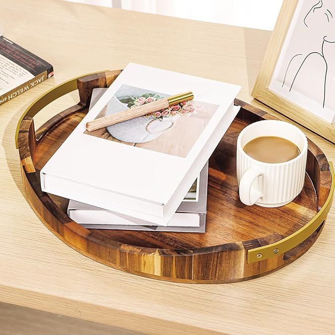 Acacia Wood Serving Tray with Metal Handles– 16"x13"x2", Large Wood Display Tray, Decorative Ottoman Tray for Living Room, Coffee Table for Breakfast, Food, Cookie, Dessert, Fruit, Snack