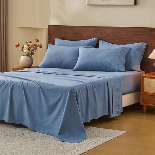 MEISHANG 100% French Pure Linen Sheets King Size - 6 PC Extra Deep Pocket Sheet Set, Soft Durable Flax Linen, Anti-Tear Breathable & Oeko-Tex Certified 18-24 Deep Pocket,All Season(Dusty Blue)