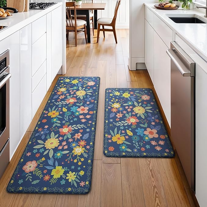 GENIMO Kitchen Mats for Floor 2PCS, Cushioned Kitchen Rugs Non Slip Washable, Farmhouse Anti Fatigue Mat Waterproof, Comfort Standing Mat Rug for Office, Home, Laundry, 17.3"x47"+17.3"x30", Navy