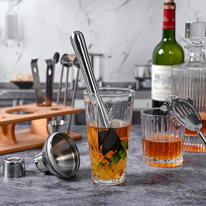 Glass Cocktail Shaker, Martini Shaker with Stainless Steel Lid & Strainer, Bartender Professional Bar Mixing Glass Pitcher Tool Set for Stirring Cocktails, Margarita, Whiskey, Alcohol Drinks, 16oz.